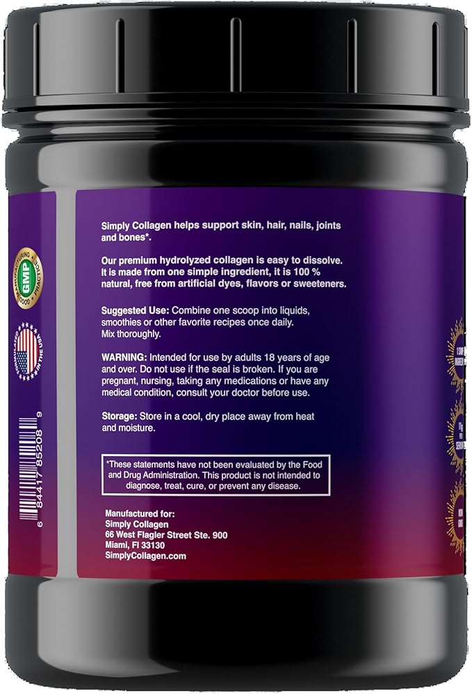 Simply Collagen® Hydrolyzed Collagen Peptides - Enhances & Strengthens Hair, Skin, Nails, Bones & Joints - Grass Fed, Type I & III - 41 Servings Per Container