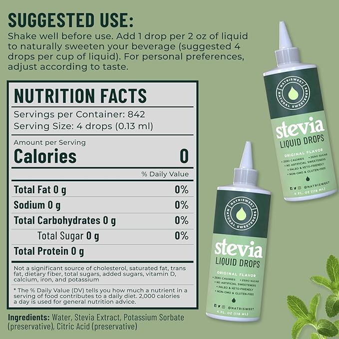 Natrisweet Liquid Stevia Drops 4 fl oz, Pure Sweetener from Stevia Extract Sugar Substitute, No Calorie Keto Sweetner, Mix Liquid