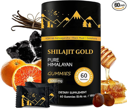 Shilajit Gummies | Pure Himalayan Shilajit Gummies Gold | Ashwagandha, Gokshura | Fulvic Acid & 85+ Trace Minerals for Men, Women | Non-GMO | Lab Tested | No Added Sugar I 60 Gummy