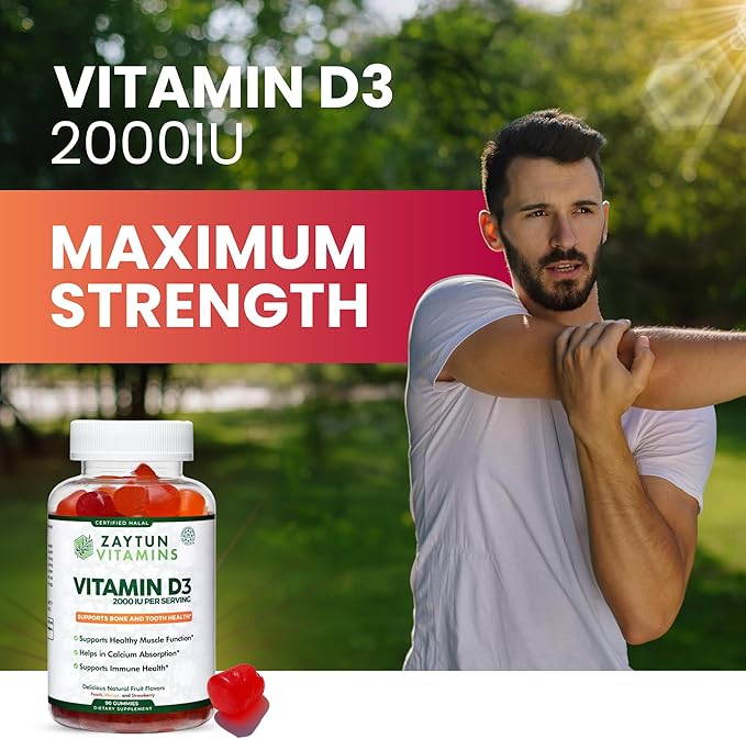 Zaytun Halal Vitamin D3 2000 IU Gummies, Supports Bone & Immune Health, Promotes Muscle Function, Gluten & Gelatin Free, 90 Natural Fruit Flavor Gummies, Made in USA - Halal Vitamins