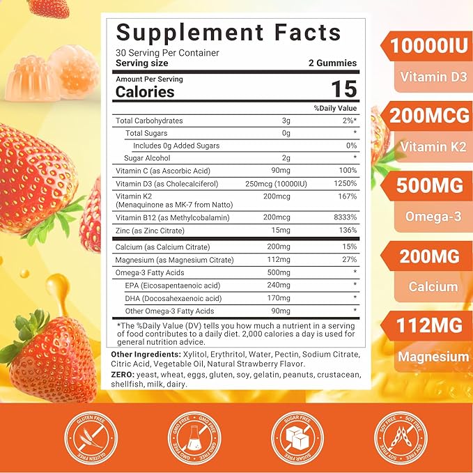 Vitamin D3 K2 Gummies, Vitamin D3 10000 IU & K2 (MK-7) 200 mcg - D3 K2 Supplement with Omega 3, Calcium, Magnesium for Bone Muscle Teeth Immune