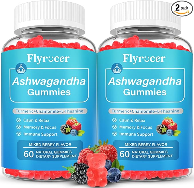 2 Pack Ashwagandha Gummies, Organic Ashwa Root Extract Supplement for Women & Men, Vegan, Gluten-Free, Mixed Berry Flavor, 120 Count