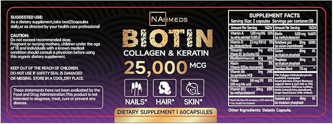 Biotin Hair Skin & Nails Vitamins – 25,000 mcg Biotin with Collagen, Keratin & Hyaluronic Acid – Supports Healthy Hair, Radiant Skin & Strong Nails – Unisex Supplement – 60 Capsules