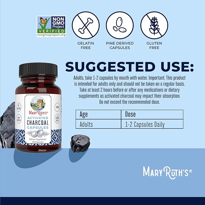 Activated Charcoal by MaryRuth's | Activated Charcoal Capsules | Substance Adsorption | Derived from Coconut Shells | Vegan Capsules from Pine Trees | Non-GMO | Gluten Free | 40 Count