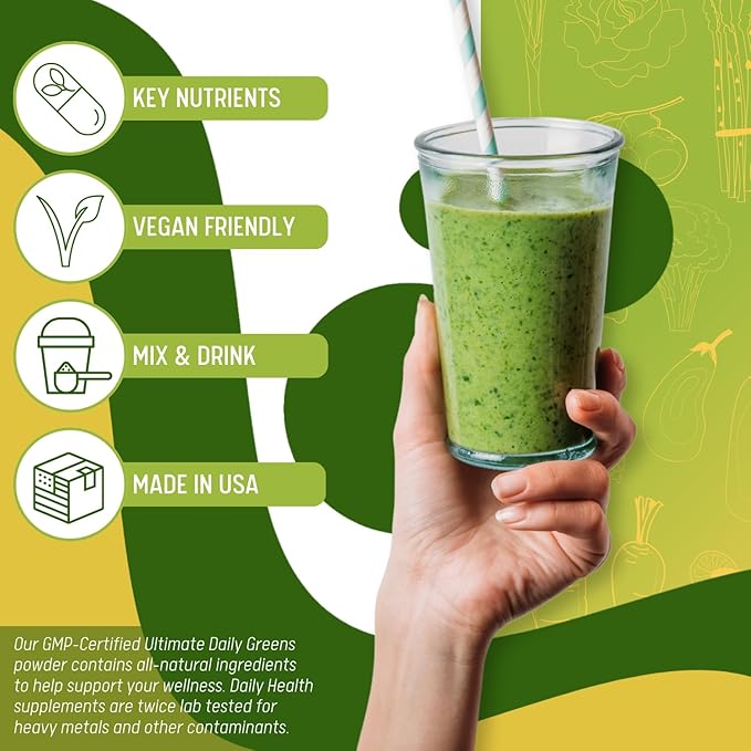 Ultimate Greens with MSM Powder, Vegan Friendly Natural Ingredients Gluten Soy Free NO GMO Superfood Vegetable Nutritional Drink Alkalizing Energy 8oz 1 Pack (1 Month Supply)