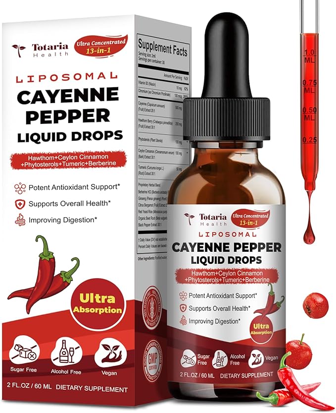 Cayenne Pepper Drops Liposomal Liquid Supplement, 13-in-1 Cayenne Pepper Drops with Vitamin B3, Hawthorn Berry, Panax Ginseng, Berberine, Beet Root, Ceylon Cinnamon, Turmeric Curcumin Extract