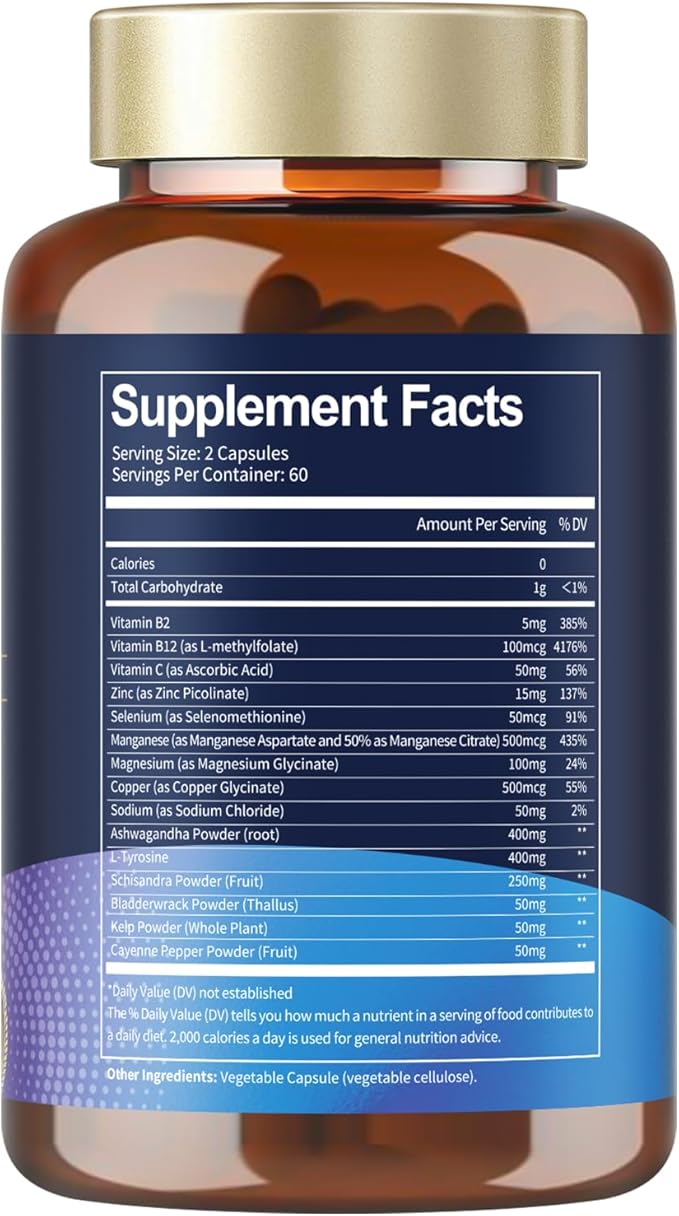 Thyroid Support Supplement Complex Capsules - Iodine Thyroid with L Tyrosine for Hormonal Balance