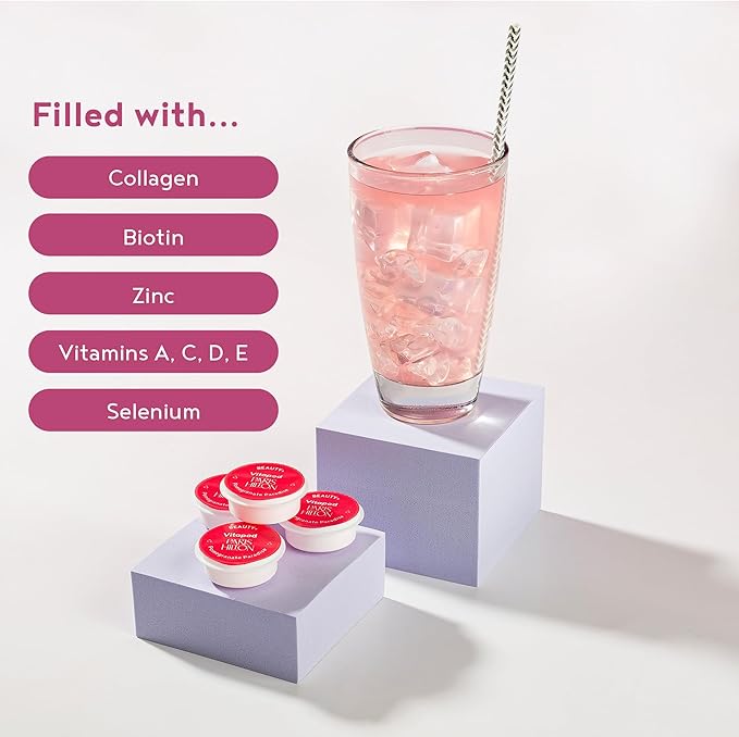 Vitapod Paris Hilton x Beauty+ Pomegranate Paradise Functional Drink Mix, 7 Pods, Sugar-Free, 10 Calories, Collagen, Biotin, Zinc, Vitamins for Youthful, Glowing Skin