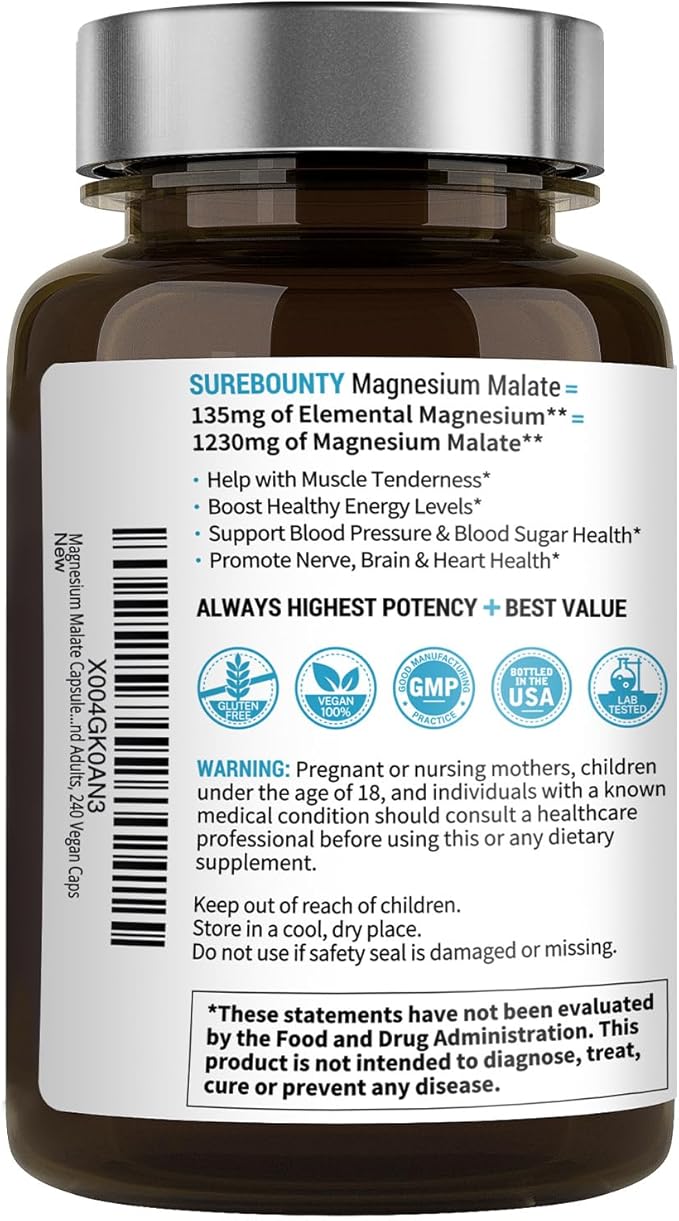 Magnesium Malate Capsules 410mg, Magnesium Supplement, Chelated, High Absorption, Energy Production & Muscle Support for Children, Teenagers, and Adults, 240 Vegan Caps