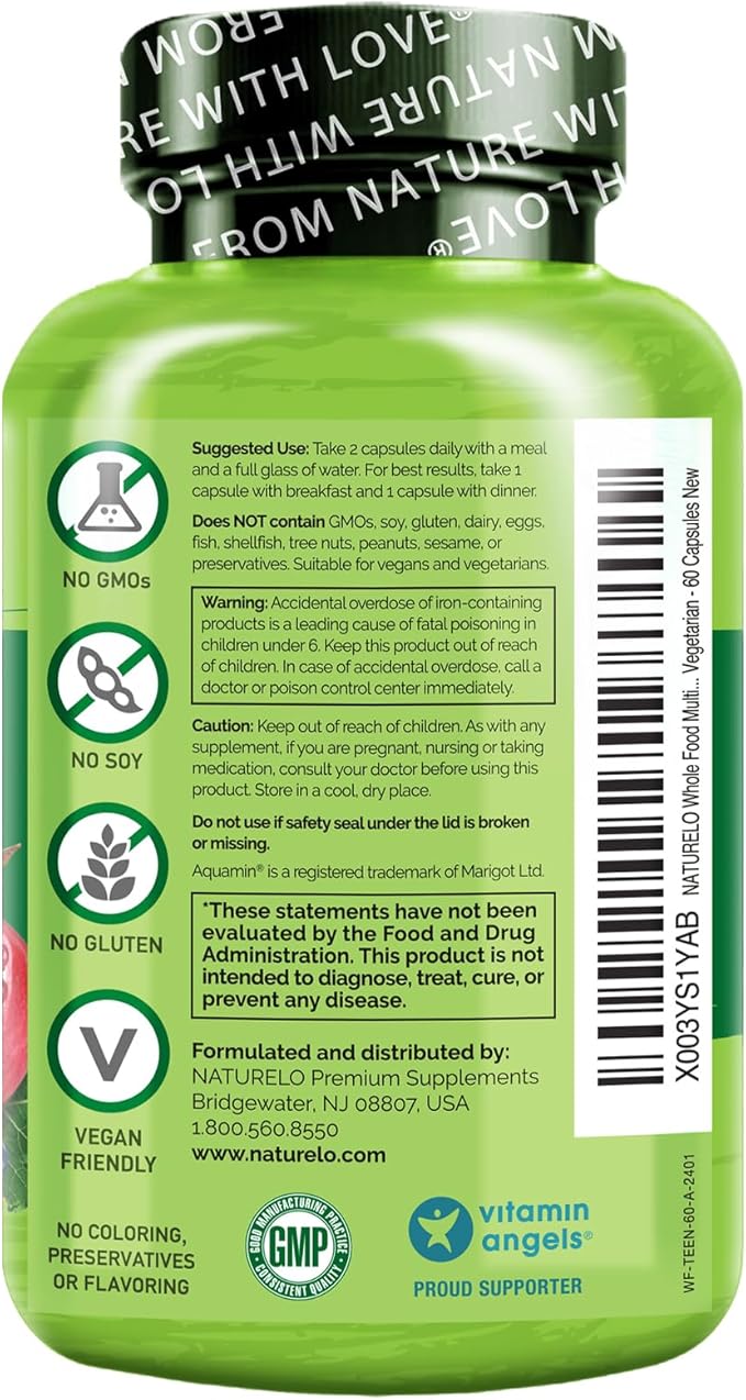 NATURELO Teen Multivitamin - Whole Food Multivitamin - with Minerals for Teenage Boys & Girls - Supplement for Active Kids - Non-GMO - Vegan & Vegetarian - 60 Capsules