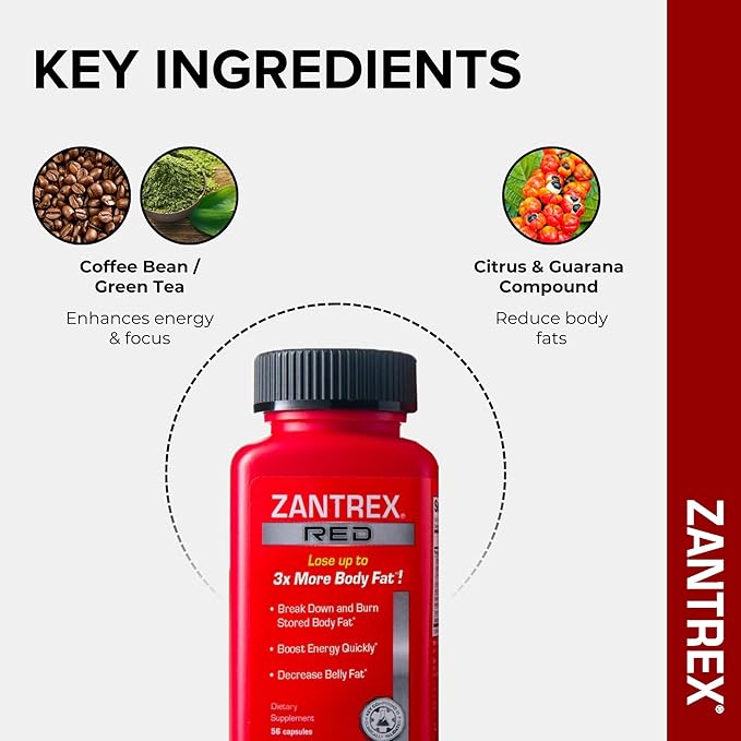 Zantrex Red Fat Burner & Active Energy Booster Supplement | Supports Body Sculpting, Increased Focus & Workout Performance | 56 Capsules