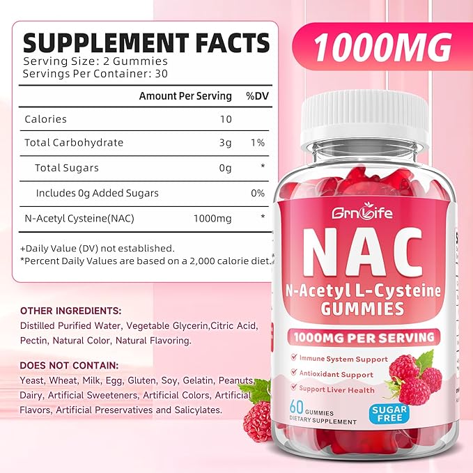 2 Pack NAC Gummies for Kids & Adults, 1000mg N Acetyl Cysteine Supplement NAC Chewable for Antioxidants & Immune Support, Liver Health, Raspberry Flavor, 120 Count