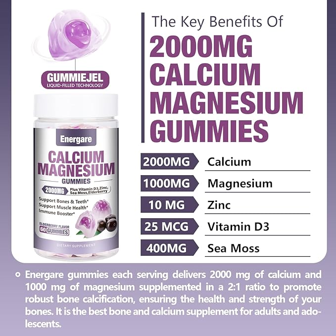 2 Packs Calcium Magnesium Zinc Gummies with Vitamin D3, Sea Moss, Calcium Gummies for Bone, Muscles, Calm Mood Support, Supplements for Kids & Adults, Sugar-Free, Vegan, Elderberry Flavor, 120ct