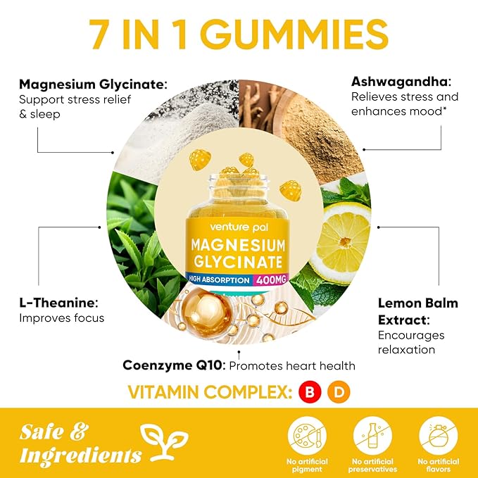 Venture Pal 60 Day Supply Magnesium Glycinate Gummies with Ashwagandha for Adults and Kids, L-Theanine, CoQ10, Sugar Free Magnesium Supplement 400mg for Calm Mood & Sleep, Gluten-Free & Vegan