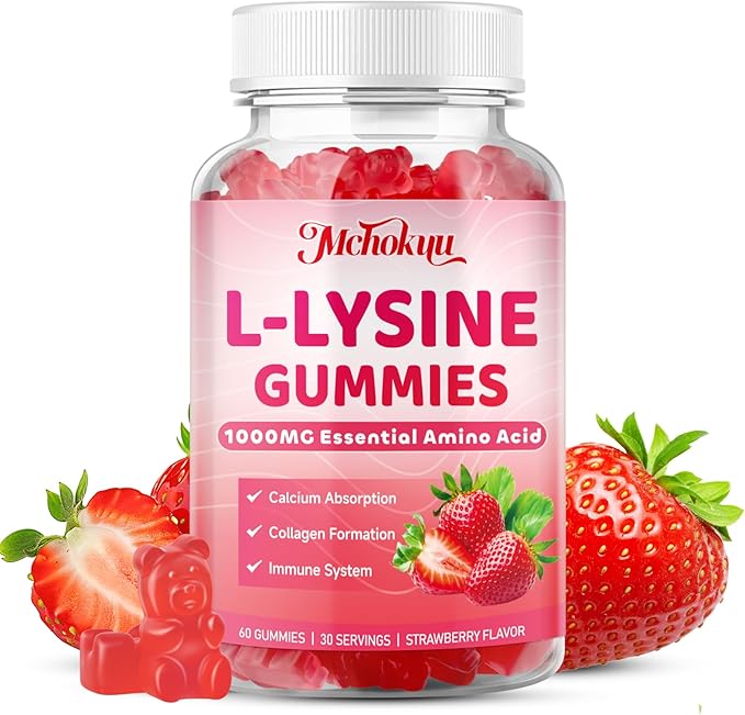 L-Lysine 1000mg Gummies, Chewable Lysine Supplement for Adults & Kids Immune Support, Essential Amino Acid, Vegetarian, Non-GMO, Sugar-Free, Gluten Free, Strawberry Flavor, 60 Counts