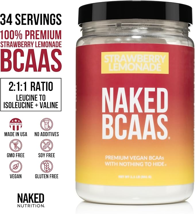 NAKED Strawberry Lemonade BCAAs Amino Acids Powder, 100% Pure 2:1:1 Formula, Vegan Branched Chain Amino Acids, Instantized All Natural BCAA Powder Supplement - 501 Grams, 34 Servings
