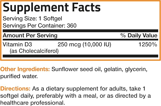 Bronson Vitamin D3 10,000 IU (250 mcg) High Potency - Supports Healthy Immune System, Strong Bones, Muscles & Teeth - Non GMO, 360 Softgels (1 Year Supply)