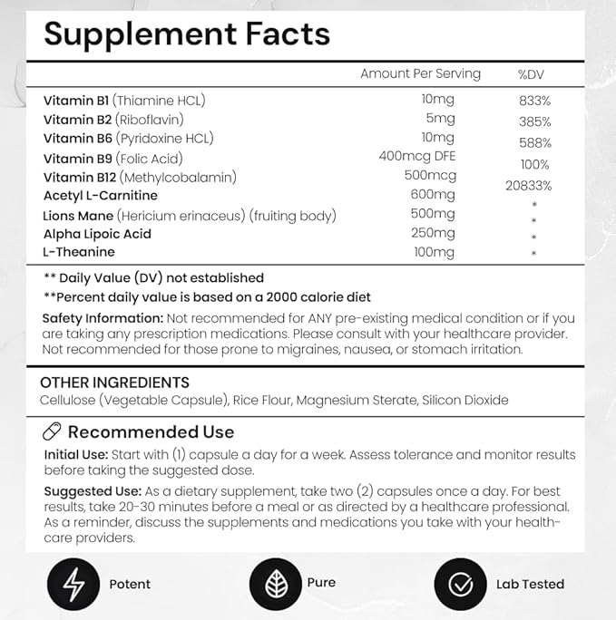 ACEWORKZ Elite Brain - Nootropic Brain Supplement for Focus, Memory, & Mental Clarity - ALCAR, Lions Mane, ALA, L-Theanine, Vitamin B Complex - Natural Energy, Caffeine-Free (60 Capsules)