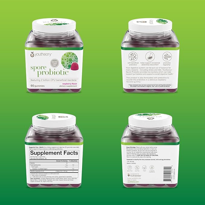 Youtheory Spore Probiotic - Vegan Gut & Digestive Support* - Contains Bacillus Coagulans - Dairy, Soy, & Gluten Free - 60 Gummies