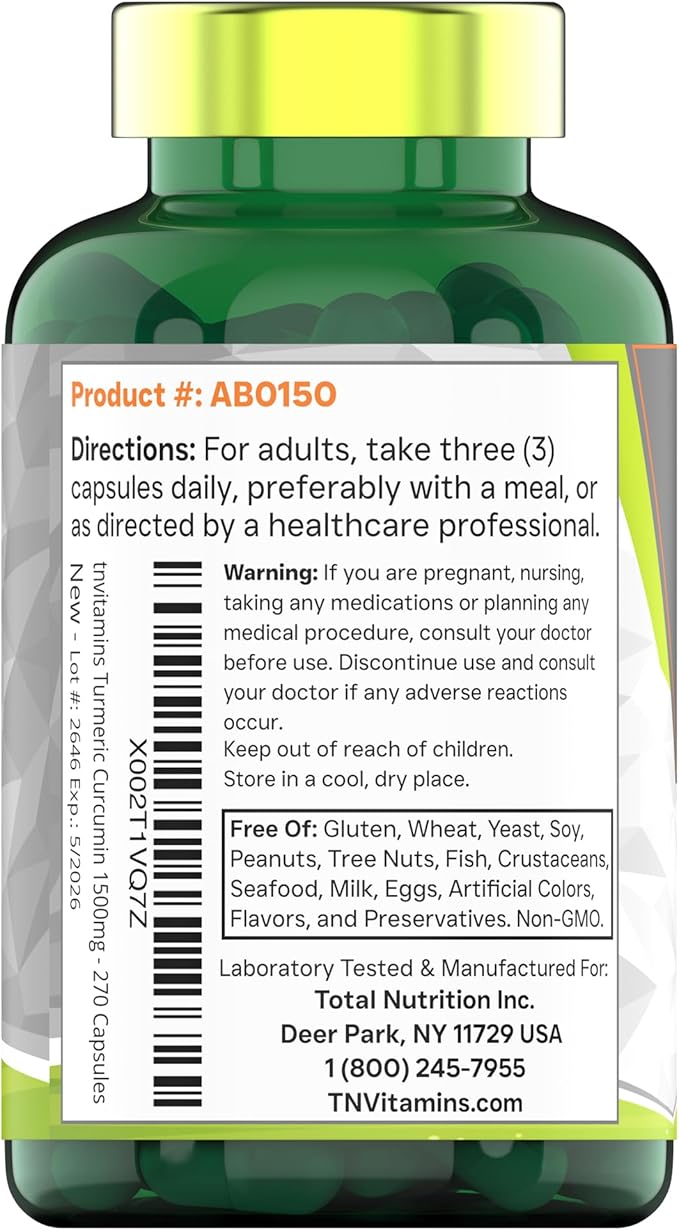 Turmeric Curcumin Capsules with Black Pepper | 1500 MG - 270 Capsules | Bulk Size - 3 Month Supply! | Golden Turmeric Curcumin Supplement with Black Pepper | Non-GMO | Produced in The USA