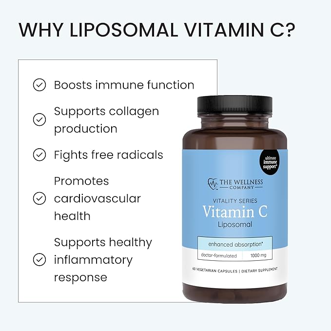The Wellness Company Liposomal Vitamin C | 60 Capsules (1 Month Supply) | Enhanced Absorption Formula | Non-GMO, Gluten-Free | Supports Immune Health and Antioxidant Protection