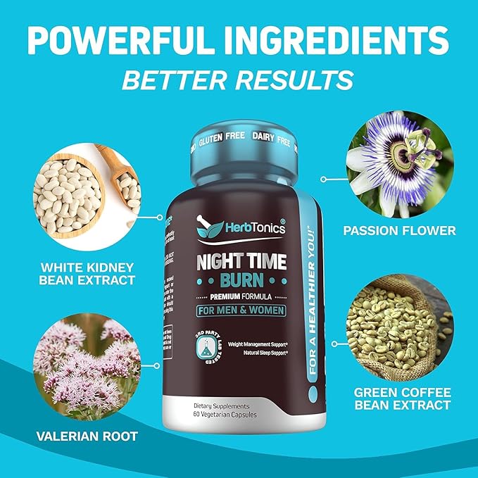 Herbtonics Night Time Supplement with Melatonin to Support Sleep & Metabolism | Melatonin & L-Theanine for Women and Men | Non-GMO, 120 Vegan Friendly Capsules