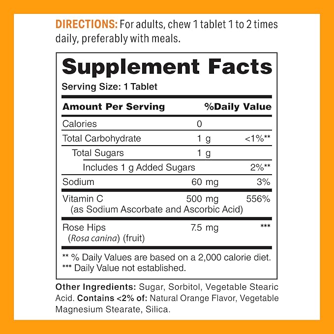 Vitamin World Vitamin C 500 mg with Rose HIPS Natural Orange Flavor, 250 Tablets