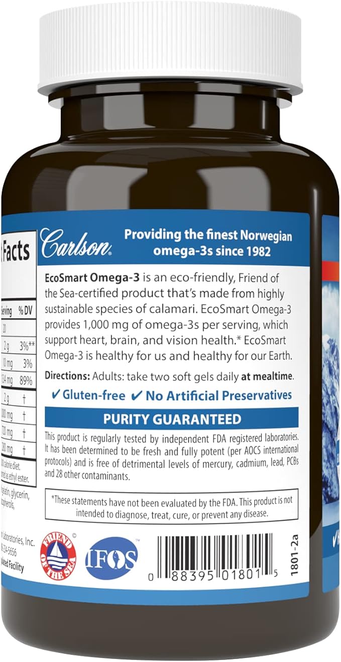 Carlson - EcoSmart Omega-3, Sustainable Source, Promotes Heart, Brain, Vision & Joint Health, Lemon, 90 soft gels