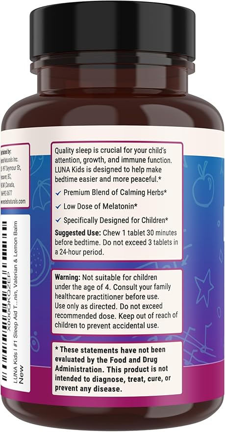 Luna Kids Sleep Aid Tablets for Children 4+ - Naturally Sourced Ingredients - 120 Chewable Tablets - Gentle, Herbal Supplement with Chamomile, Melatonin, Valerian & Lemon Balm
