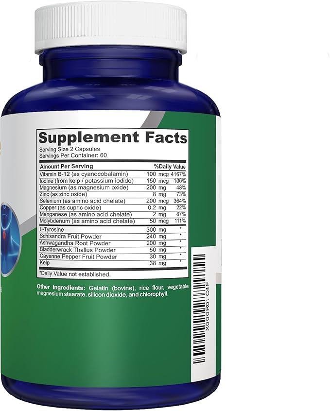 NusaPure Thyroid Support Supplement (Non-GMO) 120 caps, Ashwaganda, Iodine, Zinc, kelp, Vitamin B12, L-Tyrosine, Selenium, Copper