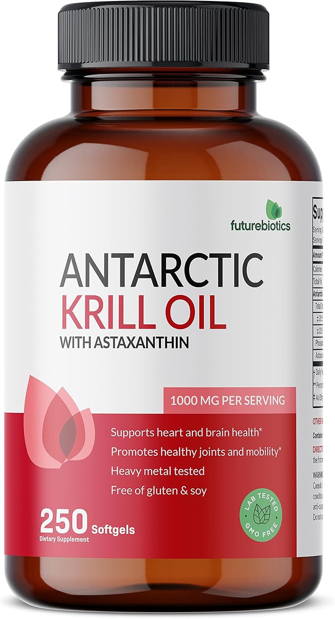 Futurebiotics Antarctic Krill Oil 1000mg with Omega-3s EPA, DHA, Astaxanthin and Phospholipids - 100% Pure Premium Krill Oil Heavy Metal Tested, Non GMO – 250 Softgels (125 Servings)