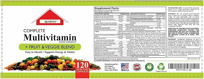 120 Multivitamin Fruit and Vegetable Liquid Capsules, Loaded Multivitamins, Supplements, Multiple Vitamin has Many Antioxidants, Daily Women Men Senior Adult Multi Vitamins