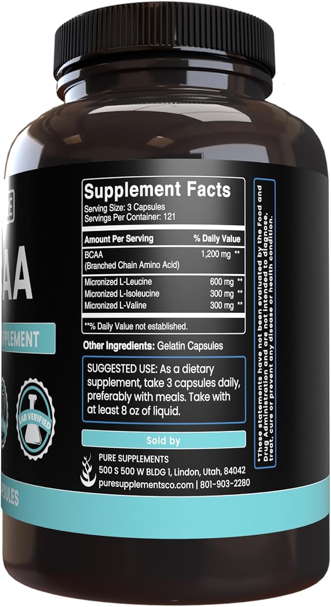 Pure Original Ingredients BCAA No Magnesium Or Rice Fillers, Always Pure, Lab Verified (365 Capsules)