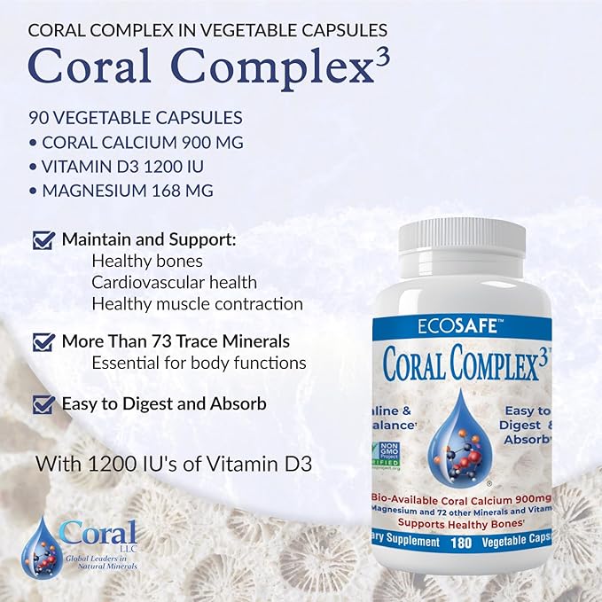 Coral Complex 3 - Coral Calcium 900 mg with Vitamin D3 1200 IU and Magnesium168 mg - 180 Vegetarian Capsules
