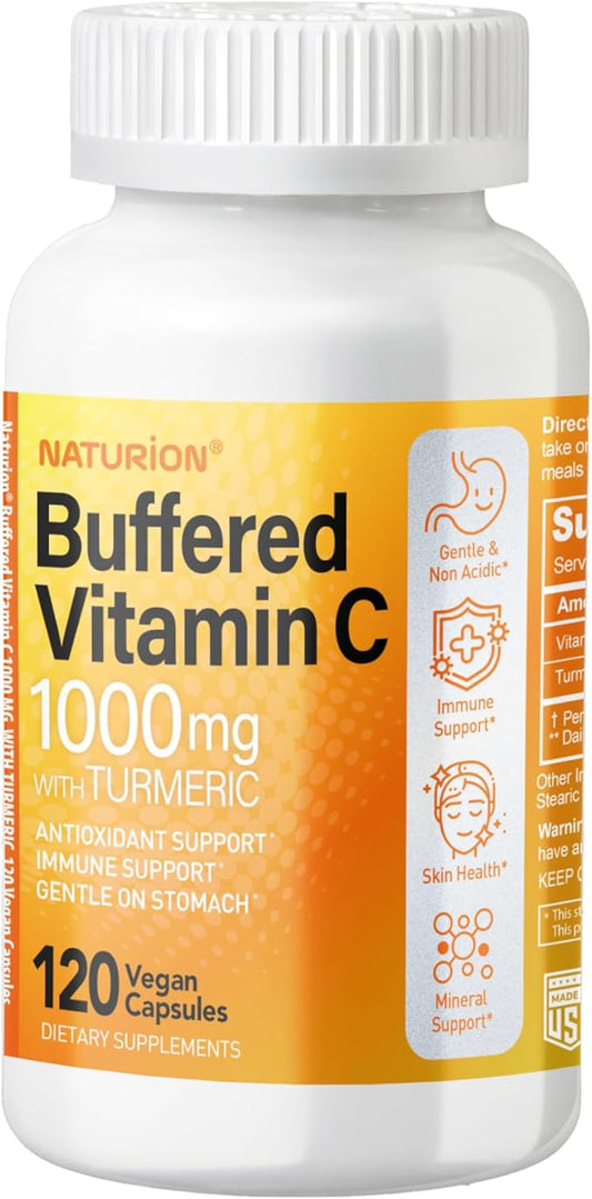 Buffered Vitamin C 1000 mg with Organic Turmeric - Antioxidant & Immune Support - Healthy Skin & Joints - Gluten & Dairy Free - 120 Vegan Capsules, 120 Day Supply