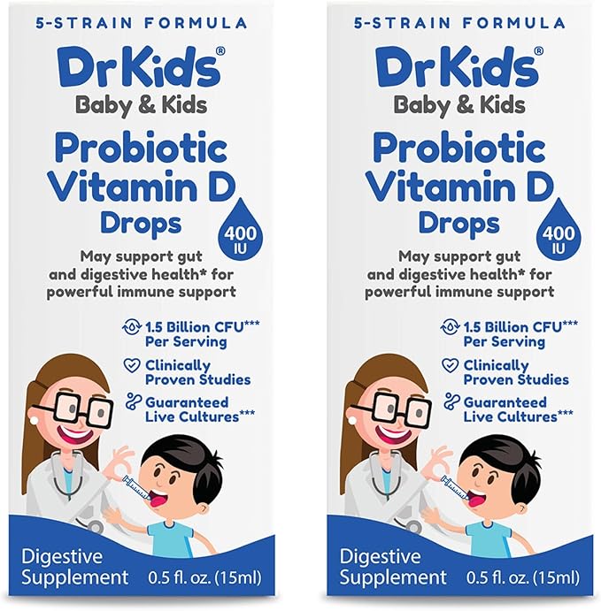DrKids Probiotic Vitamin D Drops - Supports Infant & Child Gut Health, Helps Reduce Gas, Colic & Fussiness, Baby Probiotic Drops with Vitamin D3, Pediatrician Recommended, Unflavored, 15ml (Pack of 2)