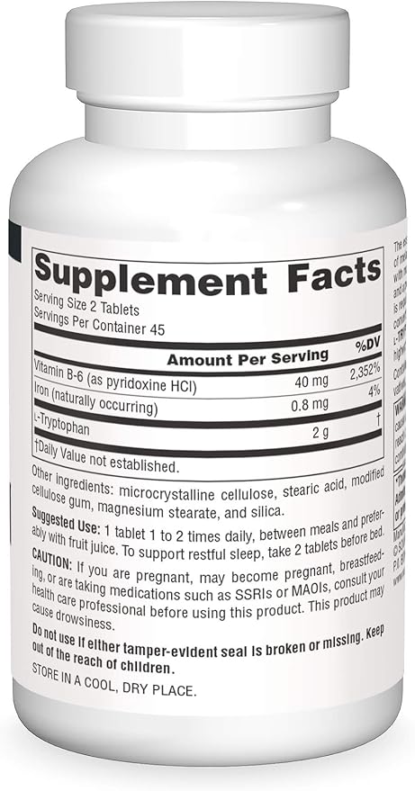 Source Naturals L-Tryptophan with Vitamin B-6 1000 mg Support Mood, Relaxation And Sleep - 90 Tablets