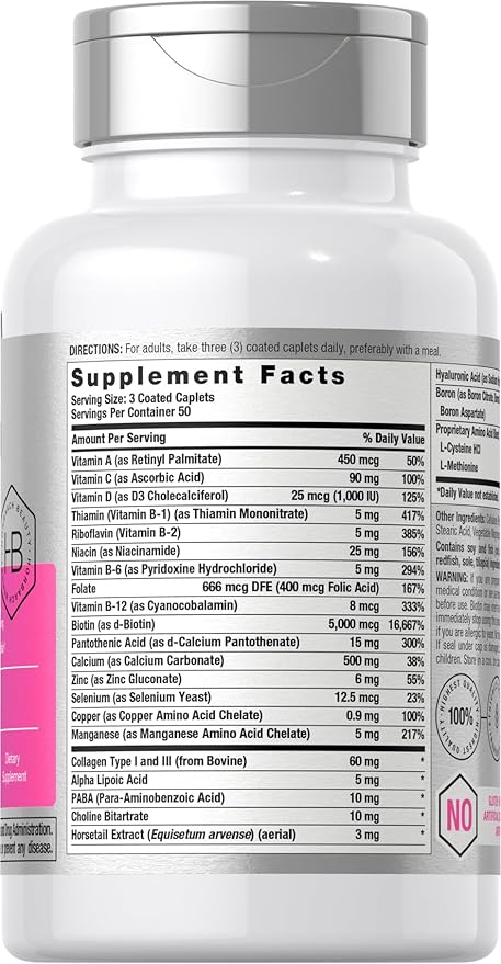 Horbäach Hair Skin and Nails Vitamins | 150 Caplets | with Biotin and Collagen | Supplement for Women and Men | Non-GMO, Gluten Free