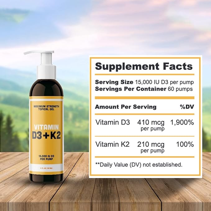 Vitamin D3 K2 Maximum Strength Topical Gel - 15000+ IU Per Pump - The Sunshine Vitamin - Supports Bone & Joint Health, Immune Support - One Month Supply