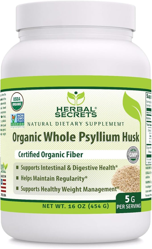 Herbal Secrets Organic Whole Psyllium Husk 16 oz Powder Supplement | 5 Grams Per Serving | 90 Servings | Non-GMO | Gluten Free | Made in USA | USDA Certified