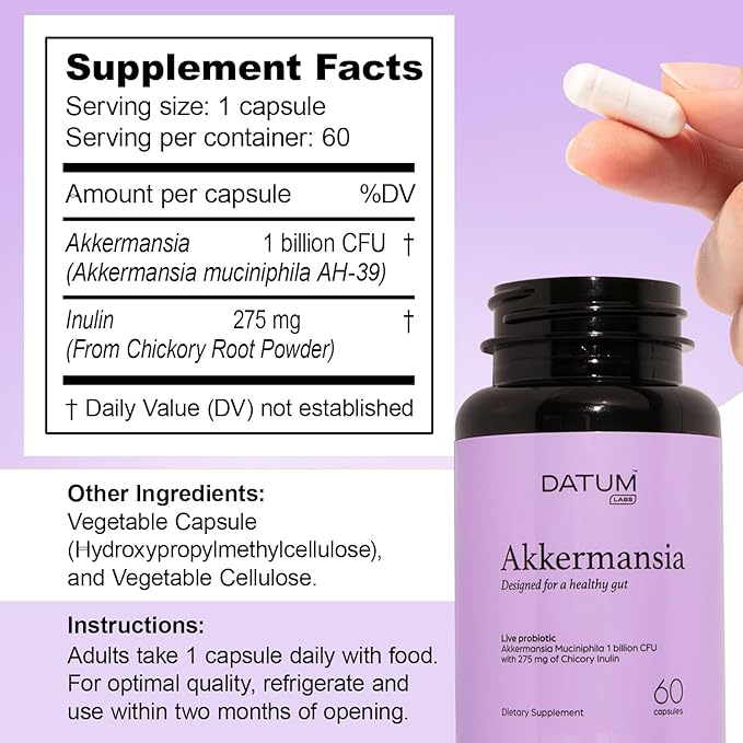 Akkermansia Muciniphila Probiotic + Prebiotic Supplement - Increases GLP-1 Production, Delayed Release, Third-Party Tested, Shelf Stable, 1Bn CFU (60 Acid-Resistant Capsules)