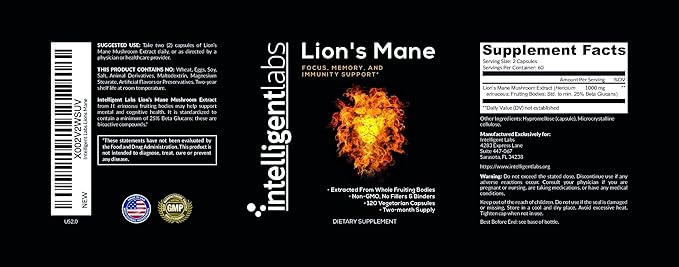 Intelligent Labs Lion’s Mane Mushroom Capsules, Extracted from The Fruiting Bodies of Hericium Erinaceus, Minimum 25% Beta Glucans, No Grain Fillers, 2-Month Supply