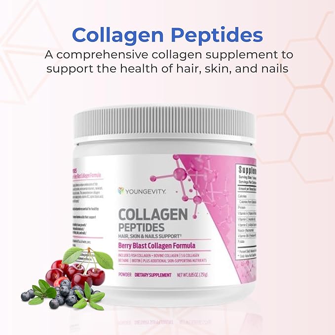 Youngevity Collagen Peptides Powder – Hair, Skin & Nail Support with Hydrolyzed Type I & II, Biotin, Vitamin B12, Antioxidants & Alpha Lipoic Acid – Joint & Bone Health – Berry Flavor – 251g
