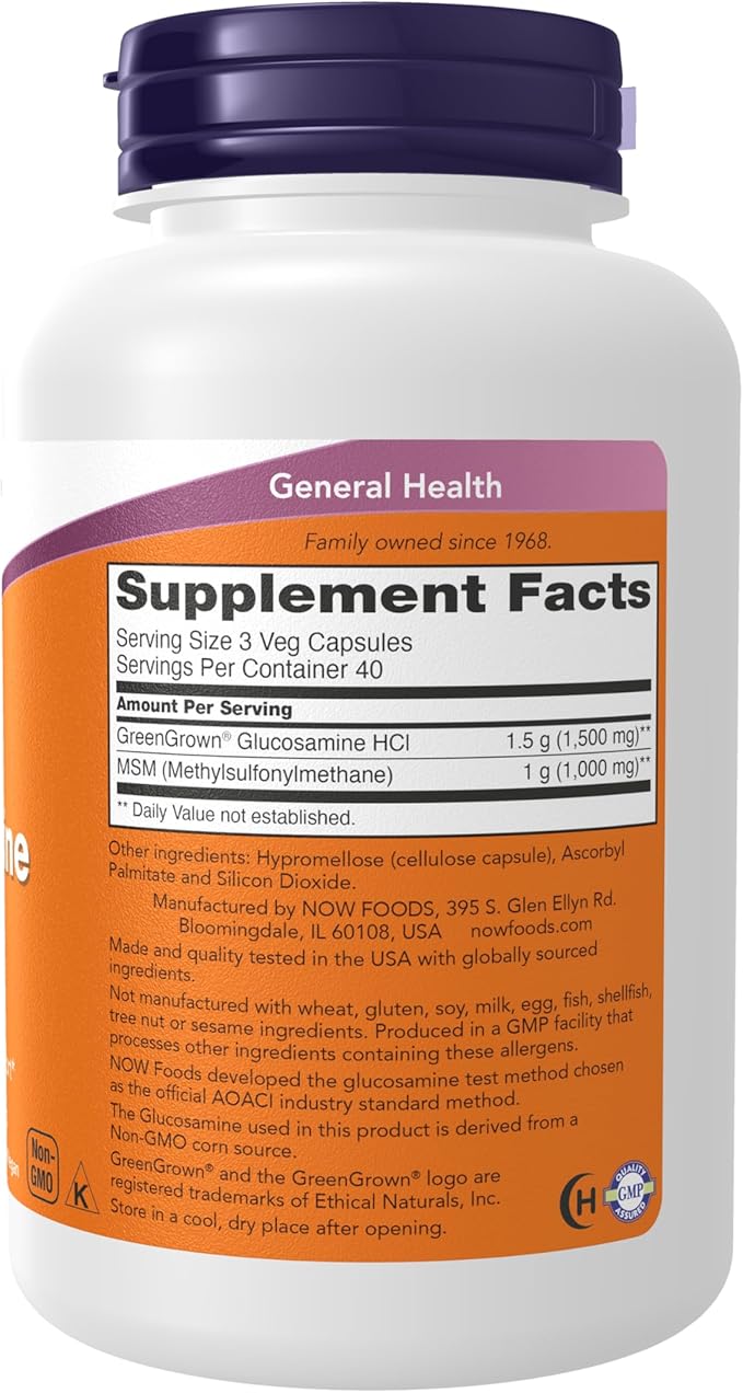 NOW Foods Supplements, Glucosamine & MSM (GreenGrown® Glucosamine), Vegetarian, 120 Veg Capsules