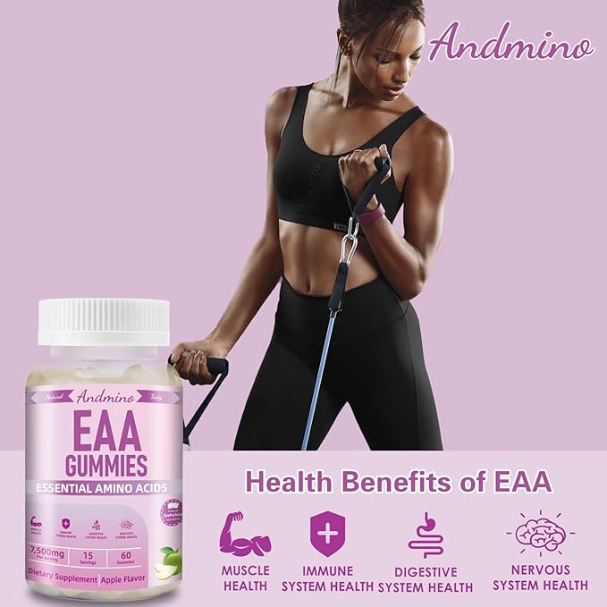EAA Gummies 7500 mg, BCAA Gummies, Amino Acids Supplement for Muscle, Immune, Nervous & Digestive Health, for Adults & Kids, Non-GMO, Vegan, Gluten Free, Apple Flavor, 120