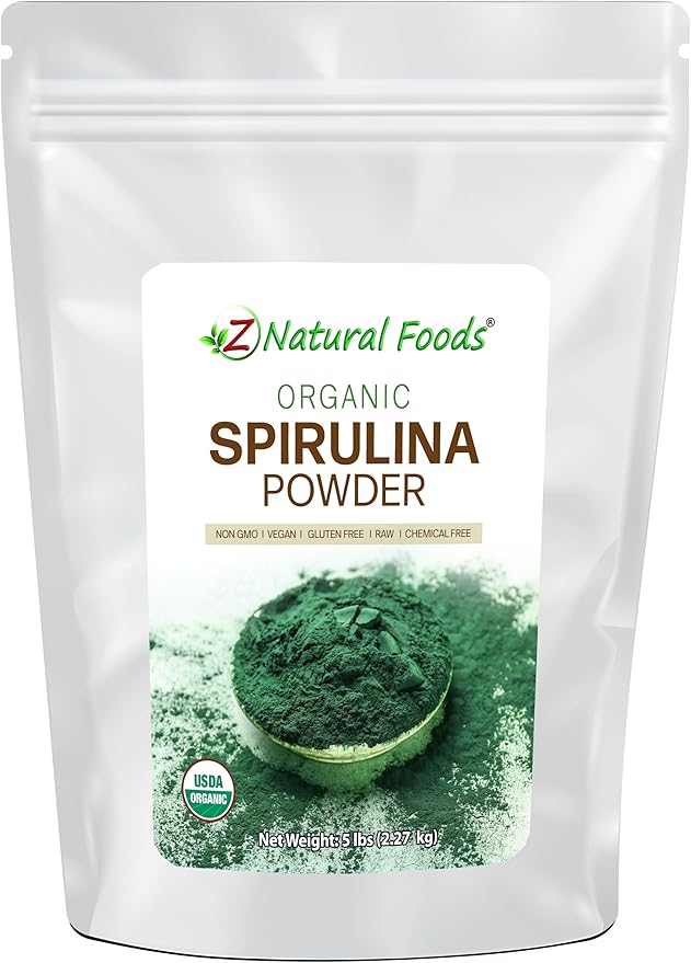 Z Natural Foods Organic Spirulina Powder - 100% Pure Spirulina, Nutrient-Dense Blue-Green Algae Superfood with Amino Acids, 15x Beta-Carotene - Mix in Smoothies, Yogurt, Recipes, 5 lbs