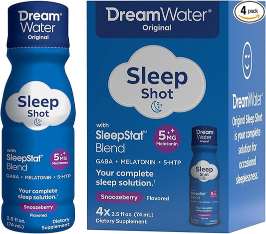 Dream Water Sleep Aid Supplement Drink; Melatonin 5mg, GABA, 5-HTP; Zero Sugar, Natural Flavors, No Added Colors, 2.5 oz Liquid Sleep Shots, Snoozeberry, 4-Count