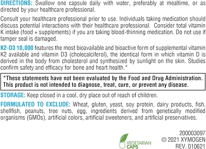 XYMOGEN K2-D3 10000 - Vitamin D3 K2 - Bioavailable Vitamin D 10,000 IU (Cholecalciferol) with Vitamin MK-7 - Heart, Arterial, Bone Health + Immune Support Supplement (120 Capsules)