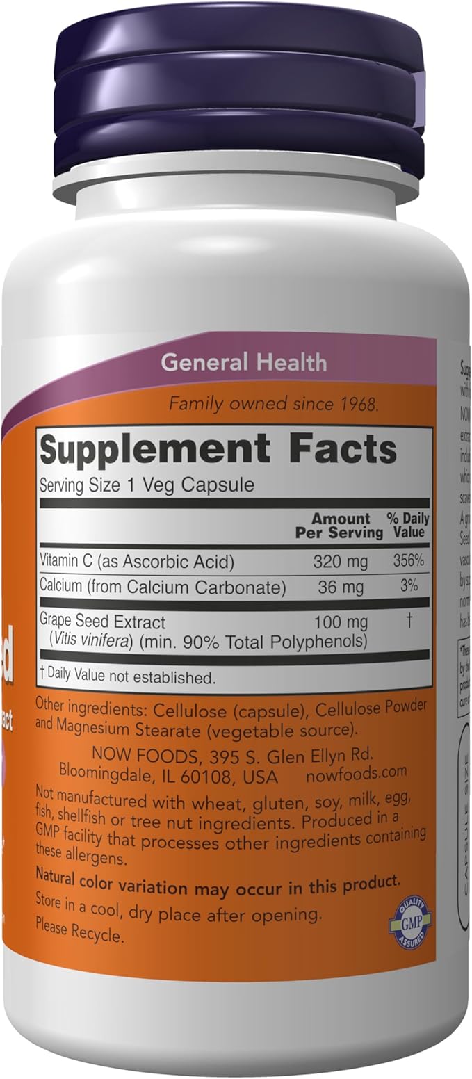 NOW Foods Supplements, Grape Seed 100 mg - Standardized Extract, Highly Concentrated Extract with a Minimum of 90% Polyphenols, with Vitamin C, 100 Veg Capsules