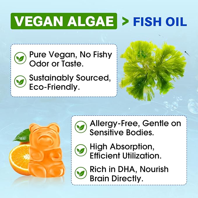 2 Pack Omega-3 Gummies Potent Algae Omega Source, Boost Brain, Eye & Immune Function, with DHA and EPA Vegan & Sugar Free, Orange Flavor, 120 Count